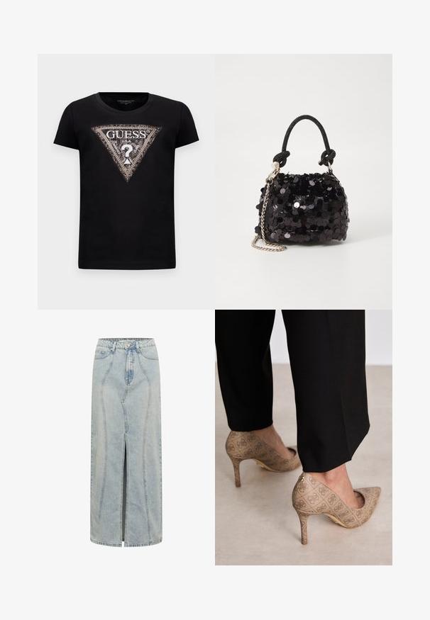 Svart t-shirt med kort ärm som har en stor glittrig triangel-logga med "GUESS U.S.A." och ett centralt frågetecken.; Ljusblå denimkjol med en rak siluett, som har en framficka, bältesöps och detaljerad sömnad längs sömmarna.; Beige högklackade skor med en strukturerad tyg som har ett upprepande mönster. Spetsig tån design med bakakcent och detaljer i guld på klacken.; Svart paljett mini-handväska med en knuten texturerad rem och silverkedja. Rund form med samlad topp och reflekterande detaljer.