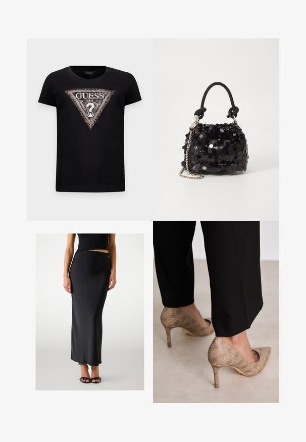 Melna īsās piedurkņu T-kreklā ar lielu mirdzošu trīsstūra logo, kurā ir "GUESS U.S.A." un centrāls jautājuma zīme.; Melnas satīna grīdas garuma svārki ar elegantu dizainu, kas raksturīgas ar maigu spīdumu un sānu atvērumu, apvienoti ar melniem siksniņu zābakiem.; Bežīgas augstpapēžu kurpes ar teksturētu audumu, kas rotāts ar atkārtotu rakstu. Norādītā pirksta dizains ar aizmugurējo akcentu un zelta papēža detaļām.; Melna spīguļota mini rokas soma ar mezglotu teksturētu siksniņu un sudraba ķēdi. Apaļa forma ar sakopotām malām un atstarojumu detaļām.