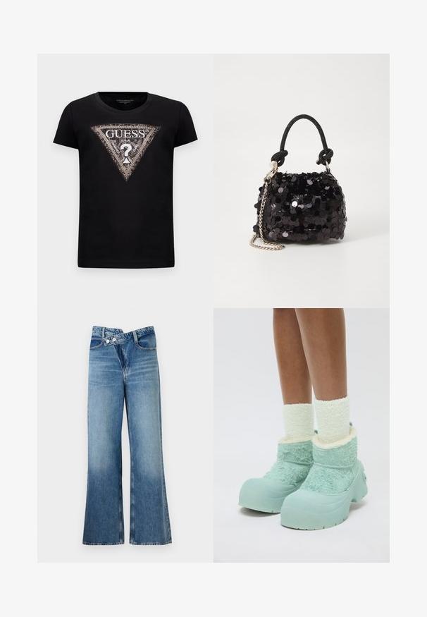 Must musta T-särk lühikeste varrukatega mustas värvuses, millel on suur sädelev kolmnurga logo, millel on kiri "GUESS U.S.A." ja keskel küsimärk.; Heledad sinise denimi laienevad teksad kõrge vöökohaga, millel on kaks nööpi ja eesnahk. Kangas on tuhm tekstuuriga, kus on kergeid varieeruvaid toone.; Jalad, millel on paksud valged siledad sokid ja massiivsed helesinised talvekummikud tekstuurse kangaga ja kummist tallaga valgel taustal.; Must have mustrõngus mustal sädelev mini käekotil on sõlme tekstuuriga rihm ja hõbedane ketis. Ümar kuju, kokku kogutud ülaosa ja peegeldav detail.