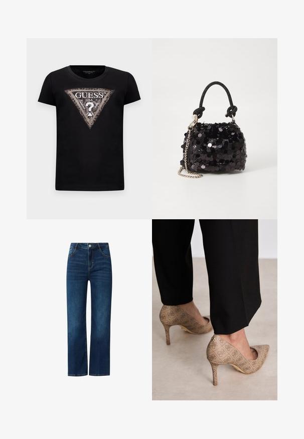 T-shirt noir à manches courtes avec un grand logo en paillettes en forme de triangle arborant "GUESS U.S.A." et un point d'interrogation central.; Jeans en denim bleu avec une coupe droite, dotés d'une fermeture zippée à l'avant, de cinq poches et de surpiqûres contrastées. Texture lisse, lavage moyen.; Chaussures à talons hauts beiges en tissu texturé avec un motif répétitif. Design à bout pointu avec un accent à l'arrière et détail de talon doré.; Mini sac à main en sequins noirs avec une bandoulière texturée nouée et une chaîne argentée. Forme arrondie avec un haut froncé et des détails réfléchissants.