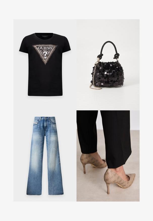 Svart t-skjorte med kort erm og et stort glitrende trekantet logo med "GUESS U.S.A." og et sentralt spørsmålstegn.; Lyseblå vide jeans i denimmateriale, med en falmet vask, lett slitasje, klassisk fem-lomme-design og knappestolpe.; Beige høyhælte sko med teksturert stoff som har et gjentatt mønster. Spiss tådesign med bakdetalj og gullhelsjekk.; Svart paljettmini-veske med en knyttet teksturert stropp og sølvkjede. Rund form med samlet topp og reflekterende detaljer.