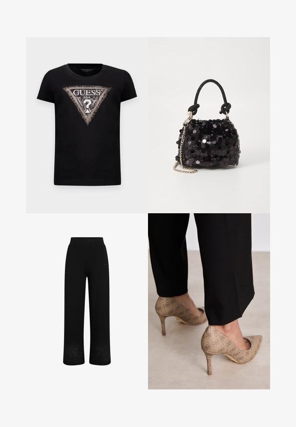 Crna majica s kratkim rukavima s velikim šljokičastim trokutastim logotipom koji sadrži "GUESS U.S.A." i središnji upitnik.; Crne trenirke širokog kroja, s elastičnom strukom i cvjetnim vezom na rubu. Izrađene od mekog, rastezljivog materijala.; Bež cipele s visokom petom izrađene od teksturiranog materijala s ponavljajućim uzorkom. Dizajn s oštrim vrhom s pozadinskim naglaskom i zlatnim detaljem na peti.; Crna mini torbica sa šljokicama, s čvorastim teksturiranim remenom i srebrnim lancem. Zaobljenog oblika s naboranim vrhom i reflektivnim detaljima.
