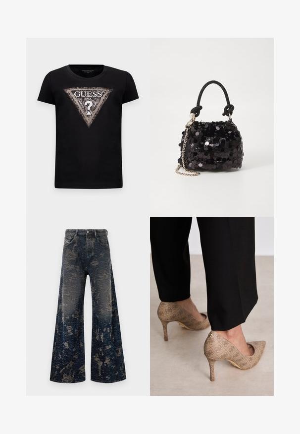 Must musta T-särk lühikeste varrukatega mustas värvuses, millel on suur sädelev kolmnurga logo, millel on kiri "GUESS U.S.A." ja keskel küsimärk.; Tumedat sinised laiad jalad teksad, millel on kulumisjälgedega happepesu tekstuur ja klassikaline viie tasku disain.; Beige kõrged kontsad, mis on valmistatud tekstureeritud kangast, millel on korduv muster. Terava nina disain tagakülje aktsendi ja kuldse kontsiga.; Must have mustrõngus mustal sädelev mini käekotil on sõlme tekstuuriga rihm ja hõbedane ketis. Ümar kuju, kokku kogutud ülaosa ja peegeldav detail.