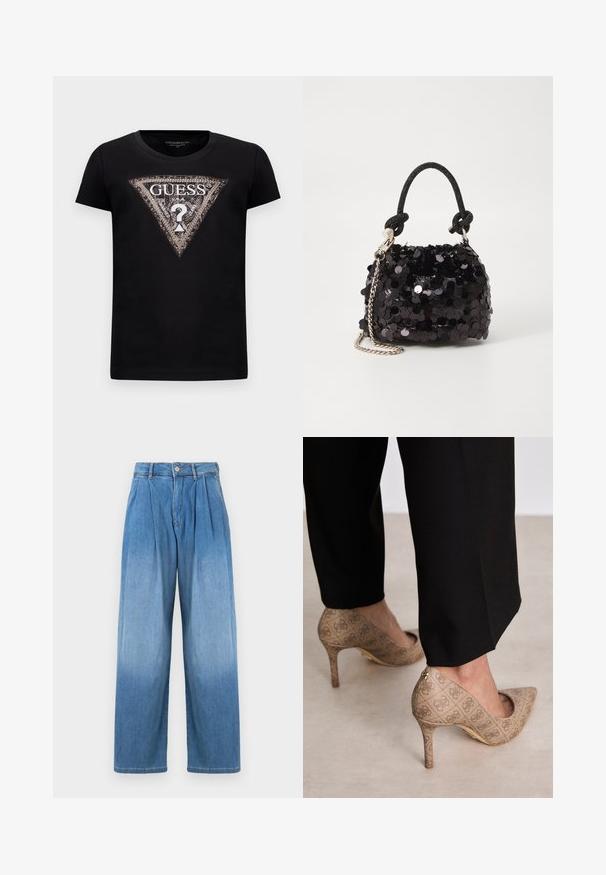 T-shirt corto a maniche corte nero con un grande logo a triangolo scintillante che presenta "GUESS U.S.A." e un punto interrogativo centrale.; Pantaloni in denim azzurro chiaro con vita alta, fit ampio e rilassato, e pieghe frontali. Presentano una chiusura con bottone e zip.; Scarpe con tacco alto beige in tessuto testurizzato con un motivo ripetuto. Design con punta appuntita e dettaglio dorato sul tacco.; Mini borsa a tracolla nera in paillettes con una tracolla texturizzata annodata e catena argentata. Forma rotonda con parte superiore arricciata e dettagli riflettenti.