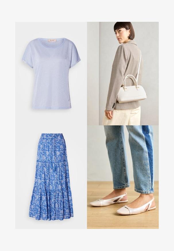 Világoskék, rövid ujjú póló, csillogó anyagból készült, kerek nyakkivágással és egy kis logóval a szegély közelében.; Kék virágmintás maxi szoknya fehér mintákkal, ráncolt rétegekkel és zsinóros derékrésszel, melynek szegélyén bojtok találhatók. Pamut anyag.; Világos rózsaszín slingback laposlábú cipők, hegyes orral, sima bőrhatású anyagból készült. Oldalt kivágott részletek találhatók rajta, valamint lapos sarkú.; Fehér, strukturált kézitáska rövid füllel és vállpánttal, arany színű fém kiegészítőkkel és texturált anyagból, szürke háttér előtt bemutatva.