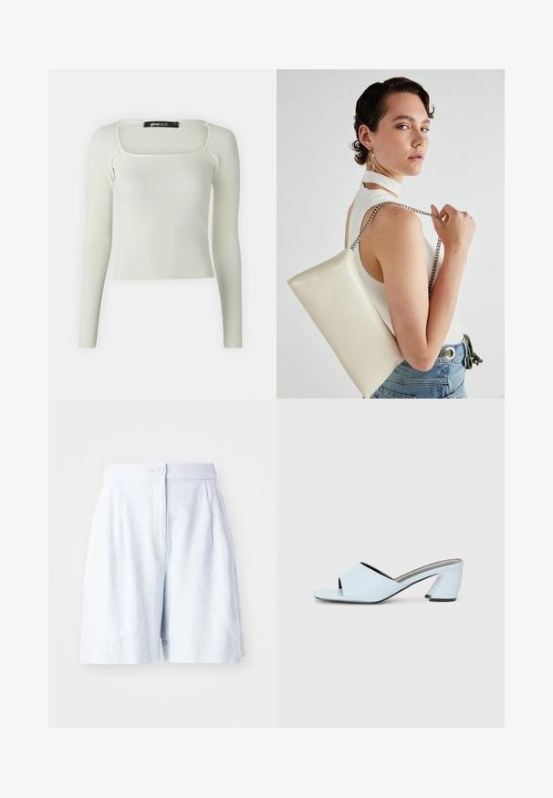 Gari ilgi piedurkņu ribotā blūze off-white krāsā ar kvadrātveida izgriezumu un pieguļošu dizainu. Izgatavota no mīksta, stiepjama auduma.; Gaiši zilas lina šortas ar pielāgotu piegriezumu, ar krokām priekšpusē, ar pogu aizdari un sānu kabatām. Gluda tekstūra un vidēji līdz ceļgaliem garums.; Gaiši zilas atvērtā purngala papēžu mūlas ar ģeometrisku dizainu, kas ietver platu siksnu pāri pēdai un masīvu, stūrainu papēdi.; Balts taisnstūra clutch soma, izgatavota no spīdīga materiāla, ar sudraba ķēdes siksnu. Modelis pozē, demonstrējot somu uz vienkārša fona.