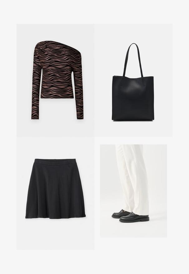 Langermige cropped top in bruin met zwarte golvende strepen, voorzien van een asymmetrische halslijn en een gladde, rekbare stof.; Zwarte knielange A-lijn rok met een aansluitende tailleband, gemaakt van ribbelstof, weergegeven tegen een simpele witte achtergrond.; Zwarte leren loafers met een gladde textuur, steekdetails en een ronde neus, gecombineerd met witte, op maat gemaakte broeken.; Zwarte leren handtas met een gladde textuur, rechthoekige vorm en twee lange handvaten. Geen zichtbare hardware of versieringen.