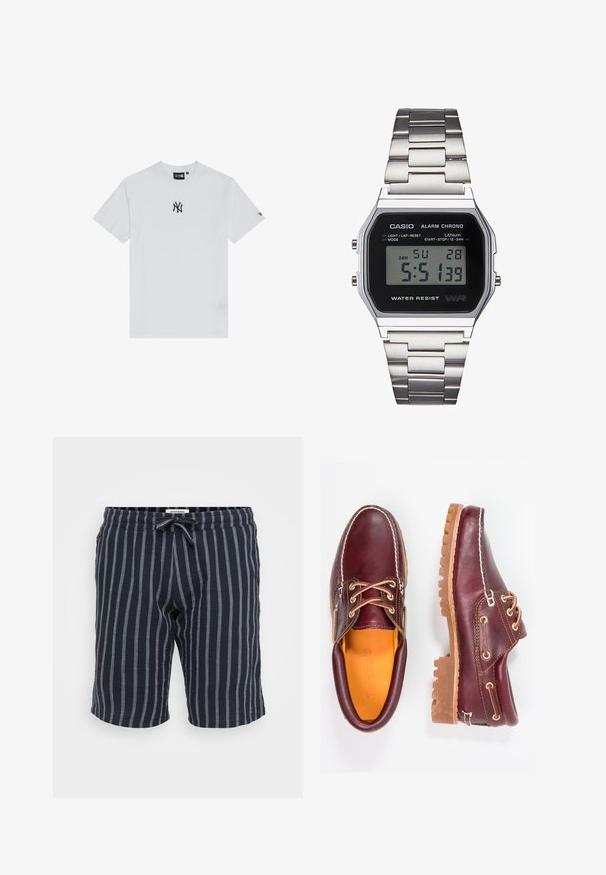 Witte katoenen t-shirt met een zwart logo op de borst, een ronde halslijn en korte mouwen. Eenvoudig ontwerp met minimale details.; Gestreepte donkerblauwe shorts van lichtgewicht stof, met een elastische tailleband met een trekkoord en verticale lichtblauwe strepen.; Bordeaux leren schoenen met bruine rubberen zolen, ronde neus, witte stiksels en gouden veterogen. Het interieur heeft een gele voering.; Digitale Casio-horloge met een zwart wijzerplaat, een zilveren roestvrijstalen band, rechthoekige kast en knoppen voor verlichting, ronde-reset en modusinstellingen.; Zilveren ketting met een simpele, rechthoekige kruis pendant, gepolijste afwerking en een gladde textuur.