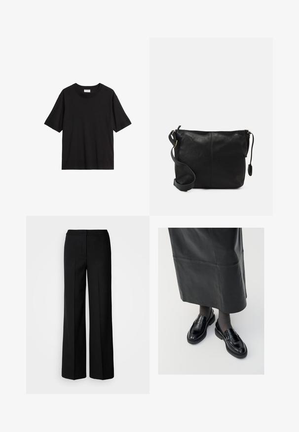 Schwarzes T-Shirt mit kurzen Ärmeln und klassischem Rundhalsausschnitt, aus einem weichen Stoff gefertigt, mit lockerer Passform und minimalistischem Design.; Schwarze weit geschnittene Hosen aus glattem Stoff mit hoher Taille, taillierten Nähten und minimalistischer Gestaltung. Keine sichtbaren Beschläge oder Taschen.; Schwarze Lederloafers mit glatter Oberfläche, verziert mit einem dekorativen Riemen, runder Zehenpartie und texturierten Sohlen. Getragen mit einem langen schwarzen Lederrock.; Schwarze Leder-Umhängetasche mit flacher Form, goldenen Hardware-Details und einem verstellbaren Tragegurt. Glatte Textur mit minimalen Nähten.
