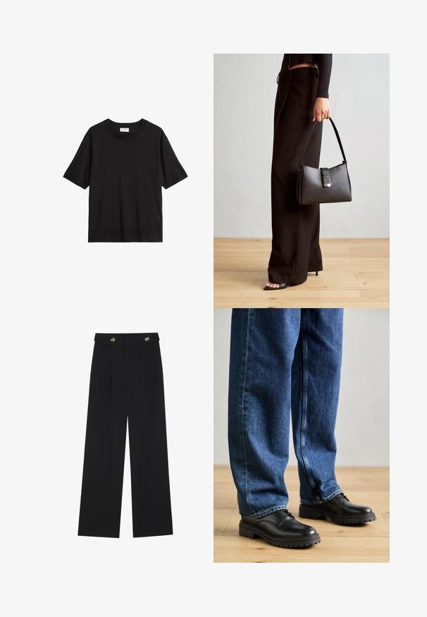 Schwarzes T-Shirt mit kurzen Ärmeln und klassischem Rundhalsausschnitt, aus einem weichen Stoff gefertigt, mit lockerer Passform und minimalistischem Design.; Schwarze weite Hosen mit hoher Taille, Knopfdetails am Bund und vorderen Falten.; Schwarze Lederschuhe mit einer runden Zehenpartie, Schnürdesign und dicker, strukturierter Gummisohle, kombiniert mit lässig sitzenden blauen Jeans.; Schwarze Handtasche mit strukturierter Form, glatter Textur und einem metallischen Verschluss. Kombiniert mit weiten schwarzen Hosen und offenen Sandalen auf einem Holzboden.