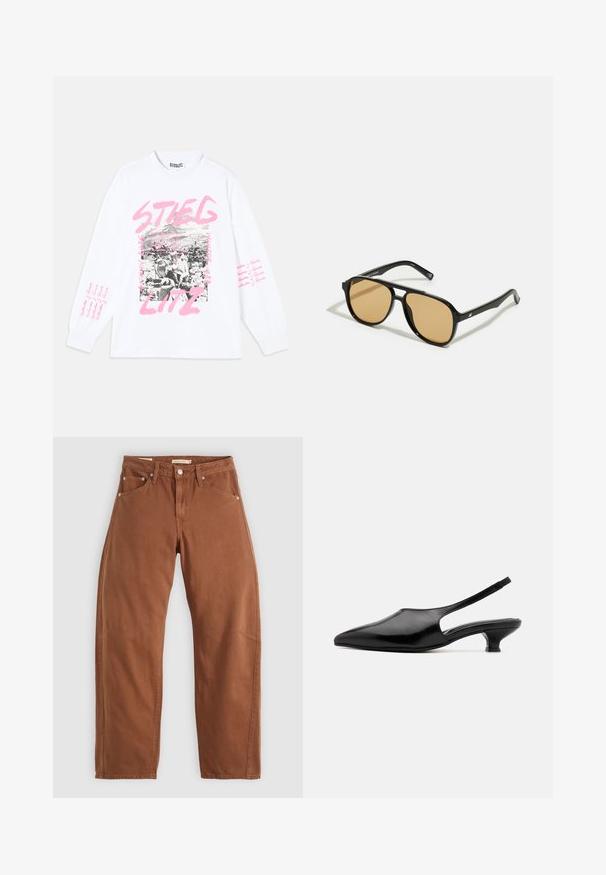 Hvit langermet t-skjorte med grafisk trykk som har svart-hvitt bilder og rosa tekst, inkludert "STIEGLITZ" og gjentatte fraser på ermene.; Rostbrune rett-skaftede jeans med front- og baklommer, metallnitter, knappeåpning og beltehemper, lagt flatt på en hvit bakgrunn.; Svarte lær slingback hæler med spiss tå, åpen sider og en kort, utvidet hæl. Glatt tekstur og minimalistisk design.; Svarte solbriller med brune fargede linser; rektangulær form med tykk ramme, inkludert subtile hardware-detaljer på stengene.