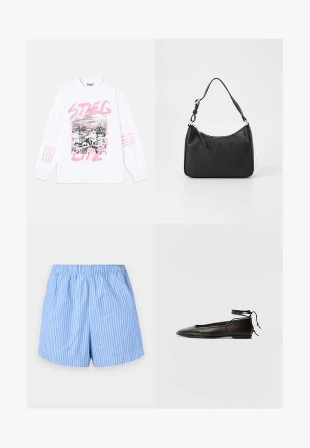 T-shirt blanc à manches longues avec un imprimé graphique comportant des images en noir et blanc et un texte rose, incluant "STIEGLITZ" et des phrases répétées sur les manches.; Shorts bleu ciel avec des rayures verticales blanches, taille élastique, longueur mi-cuisse et texture en coton lisse.; Ballerines noires en cuir avec un bout pointu, une attache à la cheville et une semelle plate, caractérisées par une texture lisse et un design minimaliste.; Sac à main en cuir noir avec une forme courbée, une seule sangle, fermeture éclair et un logo discret à l'avant. Texture lisse, design minimaliste.