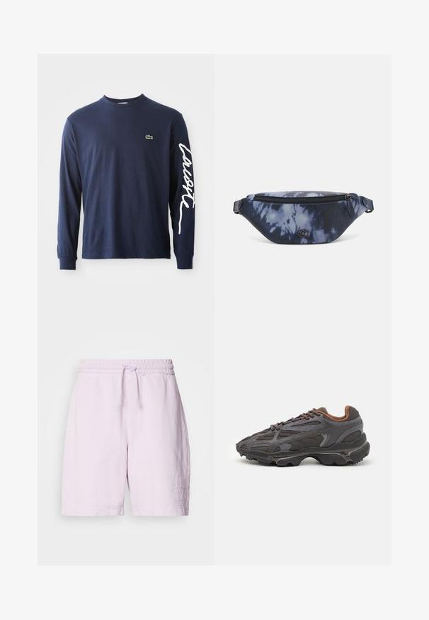 Tricou din bumbac cu mânecă lungă, de culoare bleumarin, cu guler tip crew, având un mic logo verde de crocodil pe piept și text alb pe mânecă.; Pantaloni scurți din bumbac roz, cu talie elastică și șnur, având buzunare frontale și logo-ul brodat "HUGO" pe piciorul stâng.; Adidași Lacoste de culoare gri închis, din material mesh și sintetic, cu o talpă texturată și accente maronii pe guler și branding.; Pungă tip fanny în imprimeu tie-dye de culoare albastru închis, cu un închidere tip fermoar, material texturat și un detaliu logo proeminent pe față.
