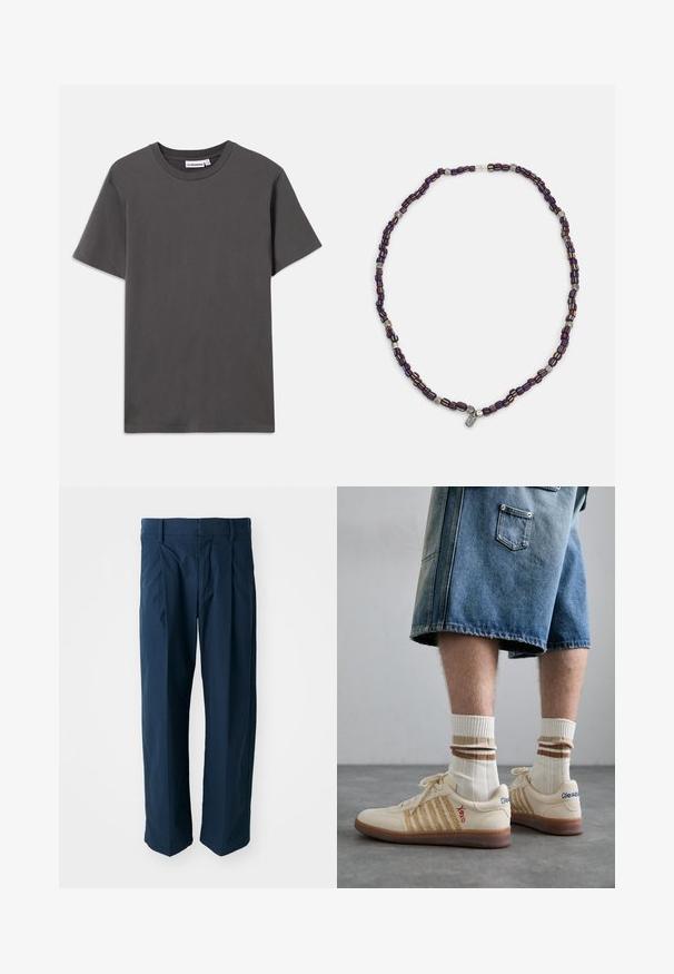 T-shirt à col rond gris foncé, à manches courtes, uni, avec une petite étiquette de marque blanche à l'intérieur du col sur un fond blanc.; Pantalons bleu marine en coton, présentant une coupe décontractée, des plis plats à l'avant et une taille plate avec passants de ceinture.; Baskets rétro beiges avec une semelle en caoutchouc brun, ornées d'accents rayés et de logos brodés. Portées avec des chaussettes blanches, détails rayés bruns.; Collier en perles multicolores avec des perles bleu foncé, rouge et jaune, entrecoupées d'accents en argent et d'un charme pendentif.