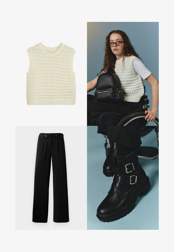Mouwloze gebreide tanktop in crème, met een gestructureerd open weefpatroon en geribbelde halslijn en zoom.; Hoge taille zwarte wijde broek met twee grote zwarte knopen op de tailleband.; Zwarte leren enkellaarzen met twee verstelbare riemgespen, geprofileerde zool en ronde neus. Ontworpen voor duurzaamheid en stabiliteit.; Zwarte leren rugzak met dubbele ritsen, ronde vorm en gouden accenten. Model in een witte gebreide vest, zittend in een rolstoel.; Zes paar gouden creolen gerangschikt op grootte in twee kolommen op een witte achtergrond, met een gladde, stevige uitstraling.