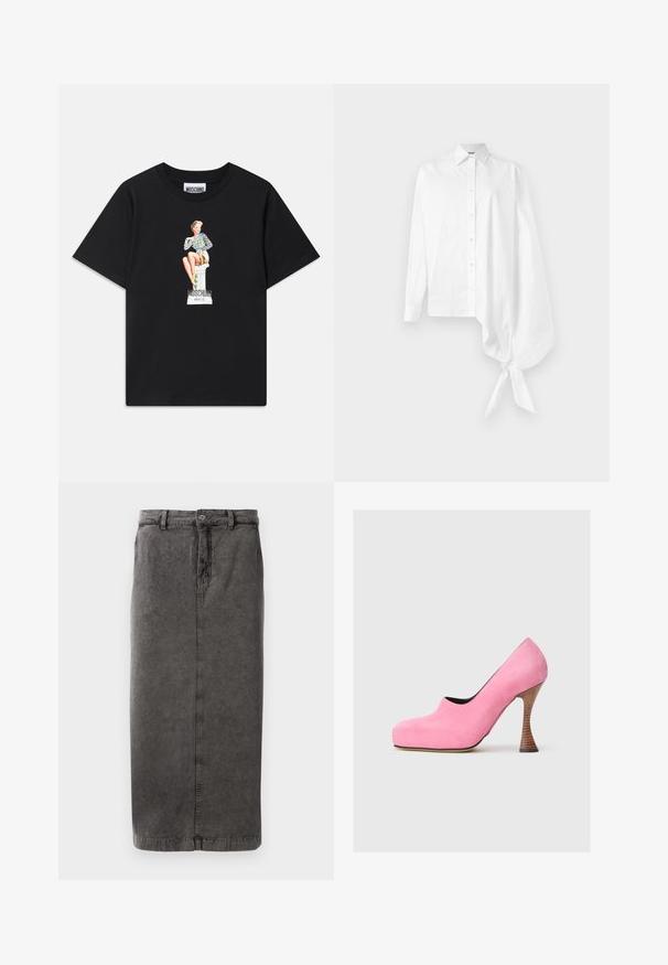 Čierne bavlnené tričko s potlačou, na ktorej je žena v pruhovanom topu, sediaca na podstavci s textom "Moschino Jeans" pod ňou.; Biela dlhá košeľa s gombíkmi a asymetrickým prehnutým rukávom s prehnaním na pravej strane, zviazaná na zápästí.; Šedá sukňa zo zmesi bavlny so striedmym strihom, zapínanie na gombík a zips, pútka na opasok a jedna zadná vrecko.; Ružové zamšie lodičky na vysokom opätku s okrúhlou špičkou a zakriveným dreveným opätkom. Hladká textúra s nízkym výstrihom vpredu.