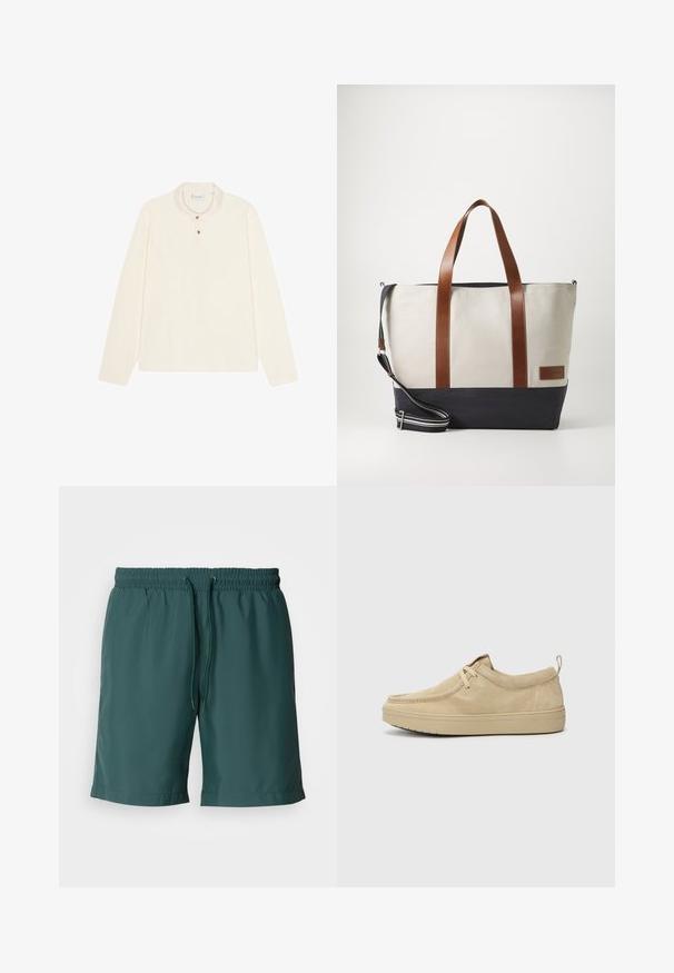 Polo à manches longues en crème, avec un col plat, une patte de boutonnage à trois boutons en métal doré et un tissu doux et texturé.; Shorts verts légers avec une taille élastique et un cordon de serrage, présentant une texture lisse et des poches latérales pour plus de commodité.; Chaussures beiges en suede à enfiler avec un bout rond, des coutures minimales et une semelle en caoutchouc. Texture douce avec un accent de marque subtil au talon.; Sac en toile avec des poignées en cuir marron et un fond bleu marine. Il dispose d'une bandoulière réglable et d'une étiquette de marque sur le côté.