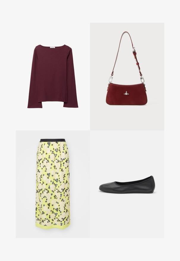 Burgundské tričko s dlouhým rukávem vyrobené z měkkého materiálu, s širokým kulatým výstřihem a mírně zakřiveným lemem pro uvolněný střih.; MUNTHE OMI - Pouzdrová sukně - lemon; Černé kožené baletní byty s kulatou špičkou, hladkou texturou, minimálními švy a flexibilním designem podrážky.; Červená semišová kabelka na rameno s křivkovým tvarem. Obsahuje stříbrný akcent a nastavitelné ucho se kovovými detaily. Hladký povrch.