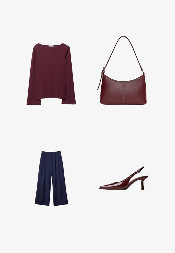 Burgunderfarbenes Langarmshirt aus weichem Stoff, mit weitem, rundem Ausschnitt und leicht geschwungenem Saum für eine entspannte Passform.; Marineblaue weite Hosen mit Falten, Knopfverschluss und Gürtelschlaufen, flach auf einem weißen Hintergrund präsentiert.; Bordeaux-farbene Lackleder Slingback-Pumps mit spitzem Zehenbereich, mittelhohem Kitten-Absatz und silberner Schnallenriemen auf weißem Hintergrund.; Bordeauxfarbene Ledertasche mit geschwungener Form, einem einzigen Schulterriemen und gesteppten Details in der Mitte. Glatte Textur, minimales Zubehör.