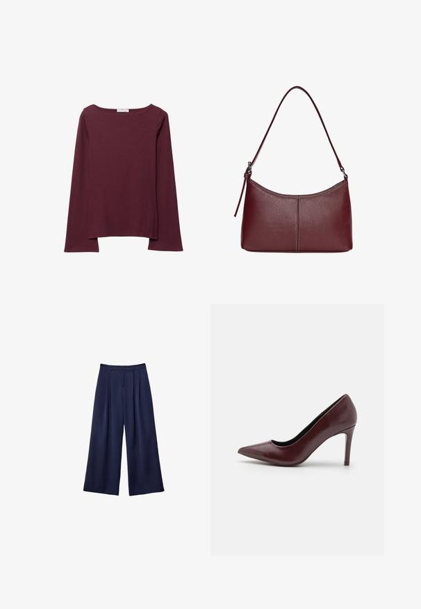 Bordový top s dlhým rukávom vyrobený z mäkkej tkaniny, s širokým kruhovým výstrihom a mierne zakriveným spodným okrajom pre uvoľnený strih.; Námornícky modré široké nohavice s pukmi, zapínaním na gombík a pútkami na opasok, zobrazené ležiace na bielom pozadí.; Burgundské kožené lodičky s úzkou špičkou, hladkou textúrou a tenkým ihlovým podpätkom. Elegantná silueta s minimálnym dizajnovým detailom.; Bordová kožená kabelka s zakriveným tvarom, s jedným ramenným popruhom a prešitými detailmi v strede. Hladký povrch, minimalistické príslušenstvo.