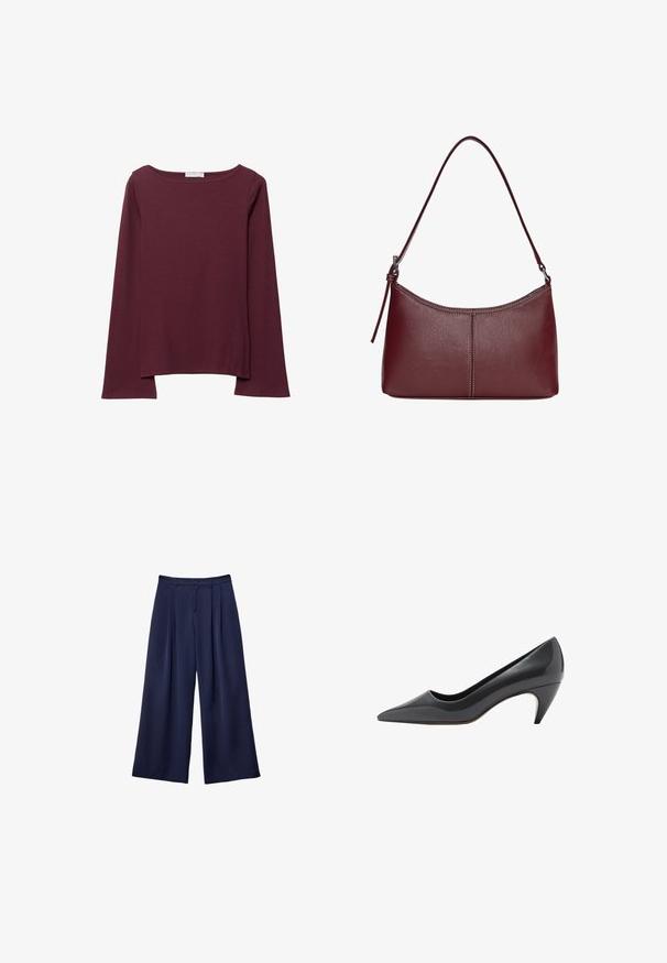 Bordový top s dlhým rukávom vyrobený z mäkkej tkaniny, s širokým kruhovým výstrihom a mierne zakriveným spodným okrajom pre uvoľnený strih.; Námornícky modré široké nohavice s pukmi, zapínaním na gombík a pútkami na opasok, zobrazené ležiace na bielom pozadí.; Čierne lakované lodičky s špicatou špičkou a mierne zúženým stredne vysokým podpätkom. Hladká textura a minimálne dizajnové prvky.; Bordová kožená kabelka s zakriveným tvarom, s jedným ramenným popruhom a prešitými detailmi v strede. Hladký povrch, minimalistické príslušenstvo.