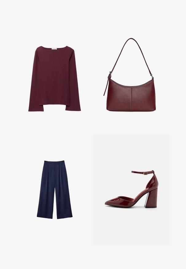 Bordový top s dlhým rukávom vyrobený z mäkkej tkaniny, s širokým kruhovým výstrihom a mierne zakriveným spodným okrajom pre uvoľnený strih.; Námornícky modré široké nohavice s pukmi, zapínaním na gombík a pútkami na opasok, zobrazené ležiace na bielom pozadí.; Burgundské lakované lodičky na vysokom podpätku so špičatou špičkou, členkovým remienkom a masívnym podpätkom. Hladký povrch a štýlový dizajn.; Bordová kožená kabelka s zakriveným tvarom, s jedným ramenným popruhom a prešitými detailmi v strede. Hladký povrch, minimalistické príslušenstvo.