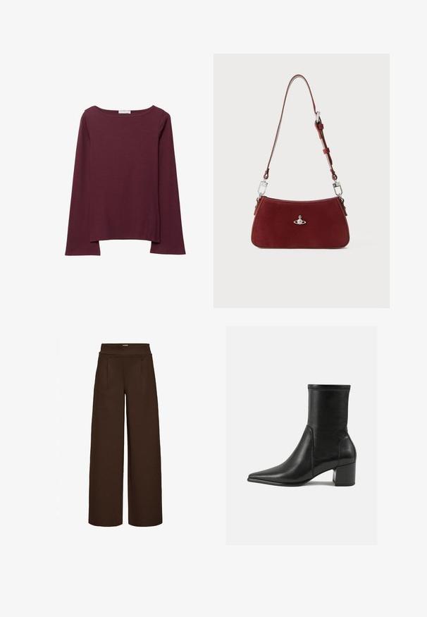 Burgundy långärmad topp i mjukt tyg, med en bred rund halsringning och en något rundad fåll för en avslappnad passform.; Bruna vida-byxor gjorda av ett smidigt tyg, med hög midja och två framfickor, designade för en lös passform.; Svart ankelboot i slät läder, med en spetsig tå, en blockklack och distinkt upphöjd söm längs den övre kanten.; Röd mocka axelväska med en böjd form. Har en silverfärgad detalj och justerbar rem med hårdvarudetaljer. Slät textur.