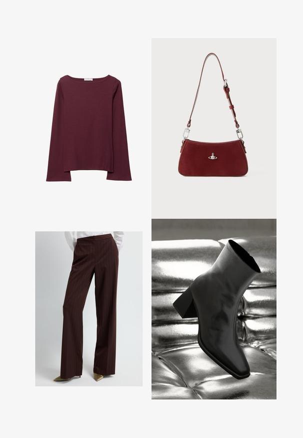 Burgundy long-sleeve top made of soft fabric, featuring a wide circular neckline and a slightly curved hem for a relaxed fit.; Brown pinstriped trousers with a wide-leg design, made from smooth fabric. Features a high waist and minimalistic cut.; Black ankle boot made of glossy material with a square toe and tapered heel, set against a shiny silver tufted background.; Red suede shoulder bag with a curved shape. Features a silver-tone accent and adjustable strap with hardware detailing. Smooth texture.