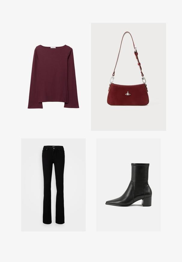 Bordový top s dlhým rukávom vyrobený z mäkkej tkaniny, s širokým kruhovým výstrihom a mierne zakriveným spodným okrajom pre uvoľnený strih.; Čierne elastické deninové rozšírené džínsy so zapínaním na gombík, štyrmi vreckami a hladkou textúrou, navrhnuté pre priliehavý siluetu.; Čierne členkové topánky vyrobené z hladkej kože, s špicatou špičkou, blokovým podpätkom a výrazným zvýšeným švom na hornom okraji.; Červená semišová kabelka na rameno s zakriveným tvarom. Obsahuje strieborné akcenty a nastaviteľný popruh s hardvérovými detailmi. Hladký povrch.