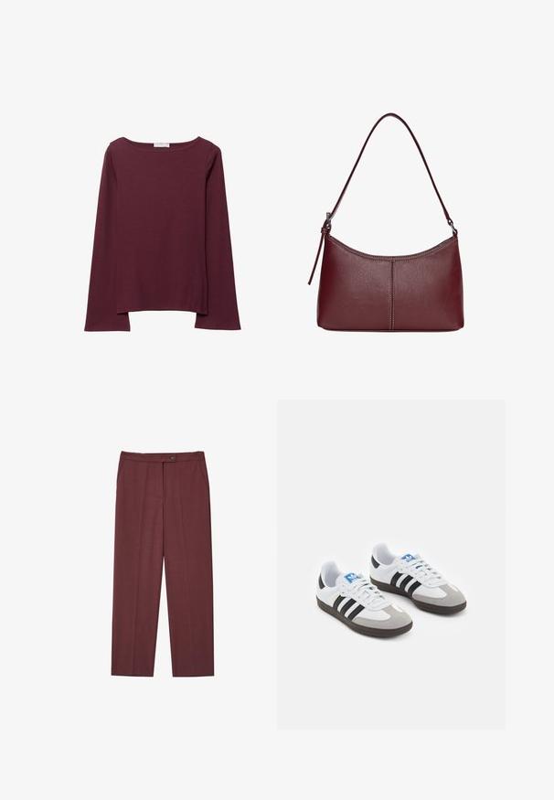 Burgunderfarbenes Langarmshirt aus weichem Stoff, mit weitem, rundem Ausschnitt und leicht geschwungenem Saum für eine entspannte Passform.; Bordeauxfarbene, weit geschnittene Hose mit glatter Textur, Fronttaschen und einem einzelnen Knopfverschluss. Sie verfügt über scharfe Falten für zusätzliche Details.; Sportschuhe mit einem Obermaterial aus weißem Leder, grauer Wildleder-Zehenkappe und drei schwarzen Streifen. Sie verfügen über ein blaues Logo auf der Zunge und eine strukturierte Gummisohle.; Bordeauxfarbene Ledertasche mit geschwungener Form, einem einzigen Schulterriemen und gesteppten Details in der Mitte. Glatte Textur, minimales Zubehör.