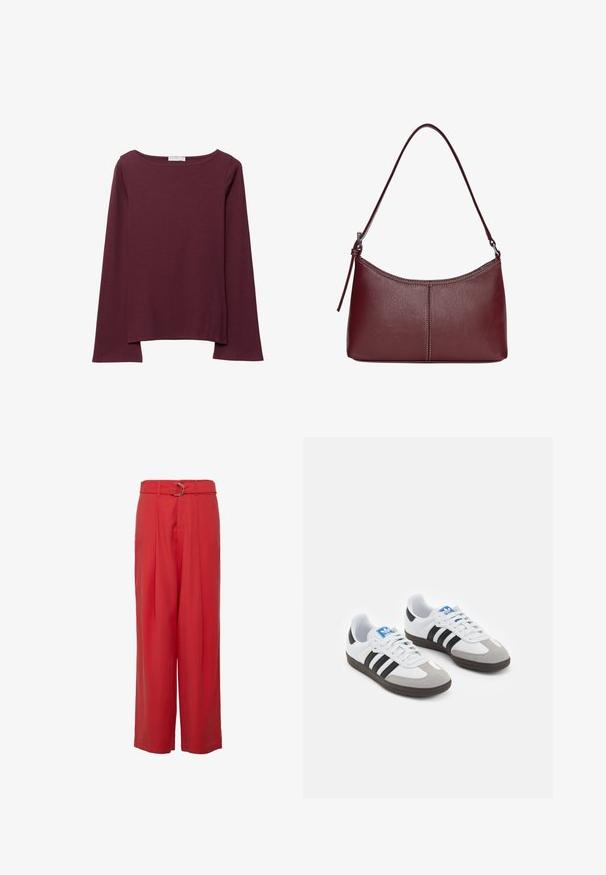 Burgundowa bluzka z długim rękawem, wykonana z miękkiego materiału, z szerokim okrągłym dekoltem i lekko zaokrąglonym dołem, zapewniająca luźny krój.; Czerwone spodnie typu wide-leg wykonane z lekkiego materiału, z wysokim stanem, paskiem i srebrnymi elementami, oraz z przodu z plisami.; Buty sportowe z białą skórzaną cholewką, szarym zamszowym noskiem i trzema czarnymi paskami. Posiadają niebieskie logo na języku oraz teksturowaną gumową podeszwę.; Bordowa torebka skórzana o zaokrąglonym kształcie, z jednym paskiem na ramię i przeszyciami w centrum. Gładka faktura, minimalna ilość elementów metalowych.