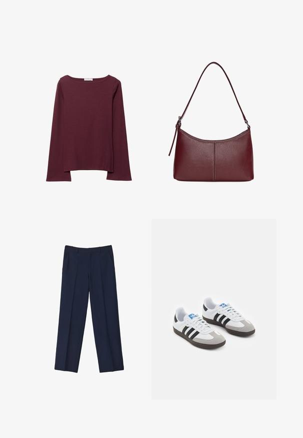 Bordo majica dugih rukava izrađena od mekog materijala, s širokim okruglim izrezom i blago zakrivljenim rubom za opušteni fit.; Tamno plave krojene hlače ravnog kroja, s prednjim naglascima i bočnim džepovima. Tkanina izgleda glatko i strukturirano.; Sportske cipele s gornjištem od bijele kože, sivi suedinasti nos i tri crne pruge. Imaju plavi logo na jeziku i teksturiranu gumenu podlogu.; Bordo kožna torba s zakrivljenim oblikom, jednim remenom za rame i šivenim detaljima na sredini. Glatka tekstura, minimalni dodaci.
