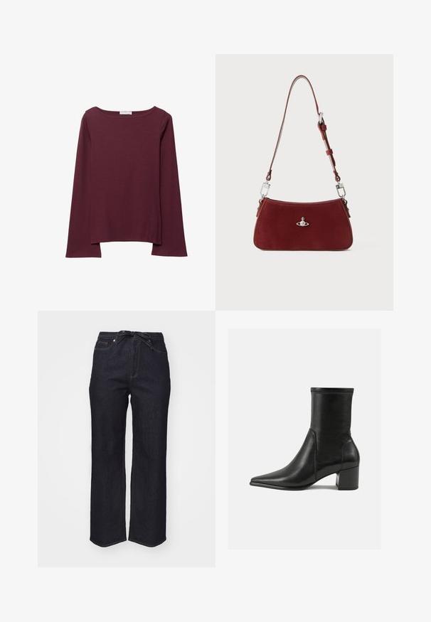 Bordo majica dugih rukava izrađena od mekog materijala, s širokim okruglim izrezom i blago zakrivljenim rubom za opušteni fit.; Tamno plave traperice s visokim strukom, širokim nogavicama i remenom na vezanje. Imaju standardne šavove i čistu rub.; Crne gležnjače od glatke kože, s šiljastim prstom, blok petom i izraženim uvećanim šavom na gornjem rubu.; Crvena suede torba preko ramena s zakrivljenim oblikom. Ima srebrni naglasak i podesivu traku s detaljima od hardvera. Glatka tekstura.