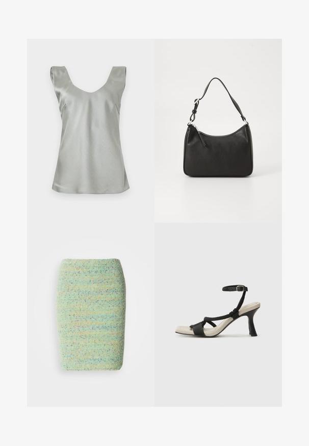 Top senza maniche in satin argento con ampio scollo a V e orlo leggermente svasato. Texture liscia con cuciture minime e design pulito.; Gonna al ginocchio realizzata in un tessuto testurizzato e chiazzato di verde pastello con accenni di blu, arancione e viola sparsi.; Sandal con tacco nero e design con cinturino intrecciato, punta quadrata e cinturino alla caviglia regolabile. Soletta beige chiaro con tacco nero lucido.; Borsa a tracolla in pelle nera con forma curva, una tracolla singola, chiusura con zip e marchio discreto sul fronte. Texture liscia, design minimalista.