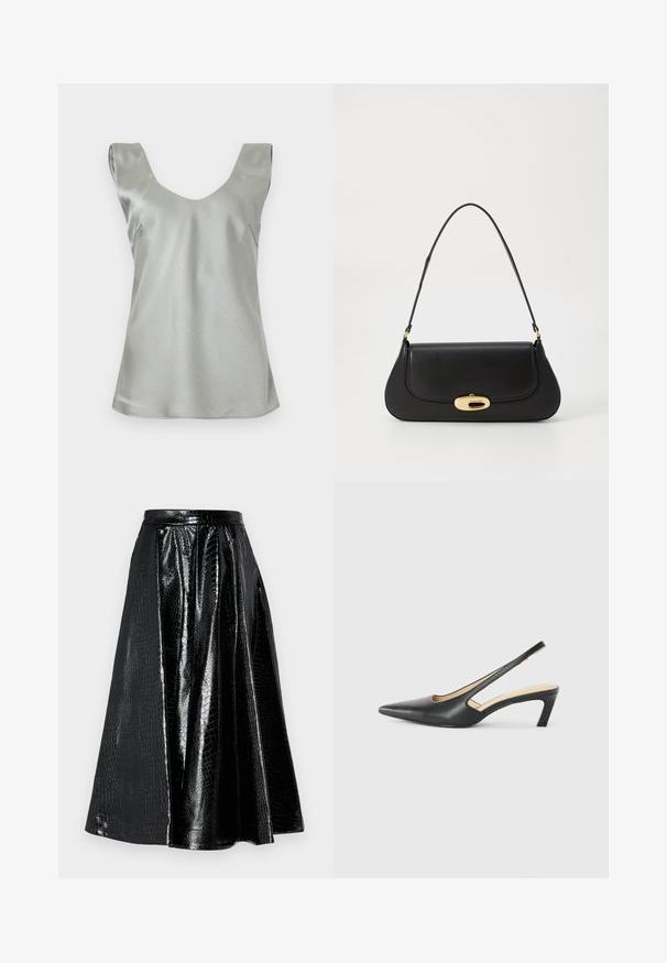 Top sans maneci din satin argintiu, cu un decolteu în formă de V larg și un tiv ușor evazat. Textură netedă, cu cusături minime și un design curat.; Fustă din piele sintetică neagră, cu o textură embosată tip crocodil, având un design evazat și pliuri, terminată cu un brau neted.; Pantof cu toc mic, cu vârf ascuțit și slingback, realizat din piele netedă, având un design decupat pe lateral pentru respirabilitate.; Geantă de mână din piele neagră, cu un design curbat, accesorii de culoare aurie și un mâner de sus. Dispune de o închidere elegantă și o textură netedă.