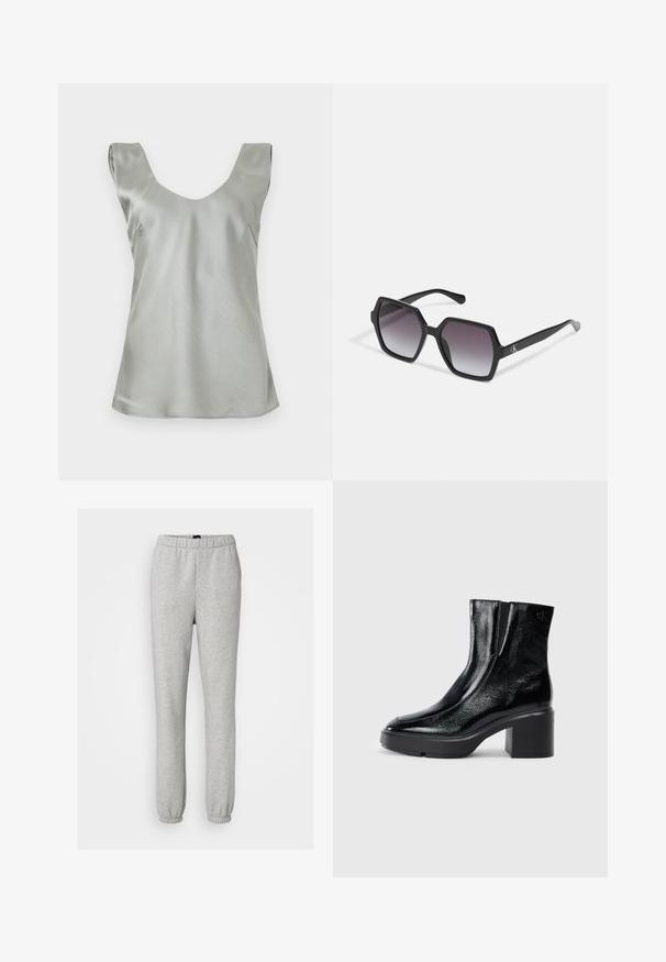 Sudraba satīna bez piedurknēm tops ar plašu V veida kakla izgriezumu un nedaudz izplestu apakšu. Gluda tekstūra ar minimālu šuvju skaitu un tīru dizainu.; Gap Tall NEW - Treniņtērpa apakšdaļas - heather grey; Melnas lakotas ādas potītes zābaki ar izliekto purngalu, elastīgām sānu paneļiem un masīvu blokveida papēdi. Aizmugurē ir izsistā logo.; Melnas sešstūra saulesbrilles ar gradienta lēcu, ar spīdīgu apdari un nedaudz redzamu zīmolu uz tempļa. Izturīga plastmasas konstrukcija.