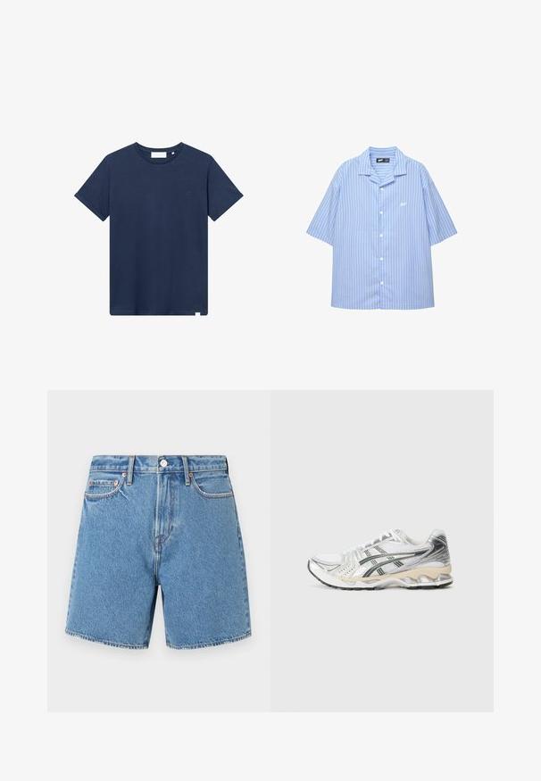 Námornícky modré bavlnené tričko s kruhovým výstrihom, krátkymi rukávmi a malým vyšitým logom na ľavej hrudi. Hladká textura.; Košeľa s krátkym rukávom v svetlomodrej farbe s bielymi vertikálnymi pruhmi. Obsahuje klasický golier a malú nášivku na prsiach. Hladká textúra látky.; Džínové šortky vo svetlomodrej farbe. Nepretržitá látka s piatimi vreckami, zapínanie na gombík a nenápadné švy pozdĺž švov a vreciek.; Biele športové topánky so striebornými a čiernymi akcentmi, sieťovaným zvrškom, štruktúrovaným dizajnom, polstrovanou podrážkou a flexibilným vzorom podrážky.