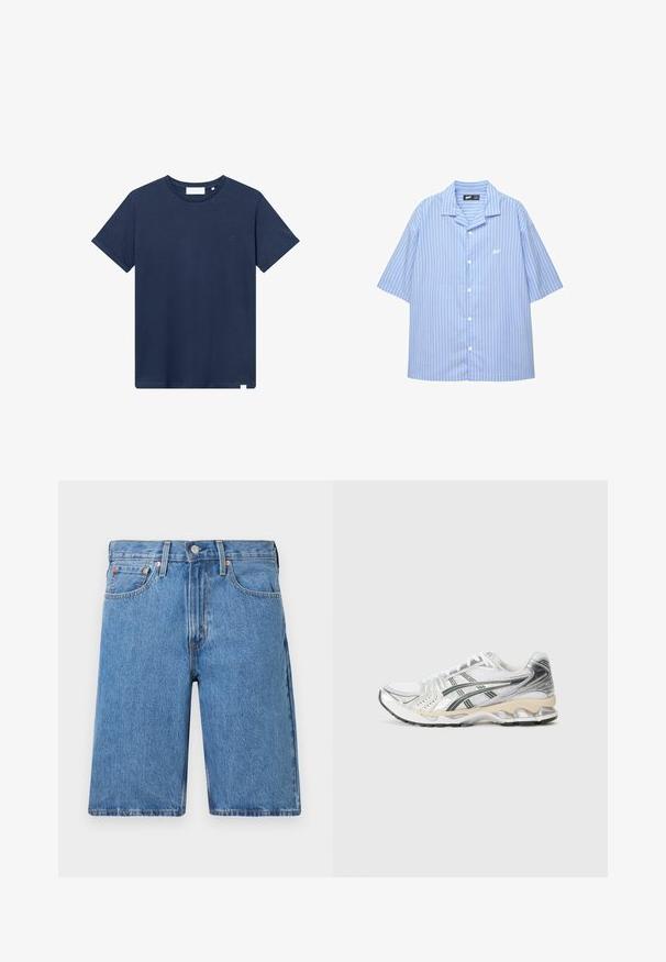 Námornícky modré bavlnené tričko s kruhovým výstrihom, krátkymi rukávmi a malým vyšitým logom na ľavej hrudi. Hladká textura.; Košeľa s krátkym rukávom v svetlomodrej farbe s bielymi vertikálnymi pruhmi. Obsahuje klasický golier a malú nášivku na prsiach. Hladká textúra látky.; Modré džínsové šortky so sviežim strihom, vybavené zipsovým zapínaním, dizajnom s piatimi vreckami a kontrastným prešitím pozdĺž okrajov.; Biele športové topánky so striebornými a čiernymi akcentmi, sieťovaným zvrškom, štruktúrovaným dizajnom, polstrovanou podrážkou a flexibilným vzorom podrážky.