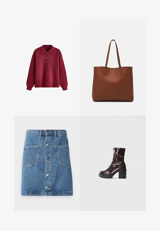 Ilga rankovė burgundiškai raudona trikotažinė polo marškinė su keturiomis mygtukais ir banguotais rankogaliais, ant balto fono.; Džinsinė sijonas šviesiai mėlynu atspalviu, su priekyje esančia mygtukų uždarymo sistema, dviem kišenėmis ir tiesia forma. Audinys turi klasikinį tekstūrą.; Blizgus burgundių spalvos kulknapis su tankiu juodu kulnu, pasižymintis lygiu paviršiumi ir paprastu dizainu. Nėra matomų užsegimų ar raštų.; Ruda odinė priekabų krepšys su glotnia tekstūra, atviru viršumi ir dviem petnešomis. Su minimalia siuvimo detalėmis ir nematoma aparatūra.