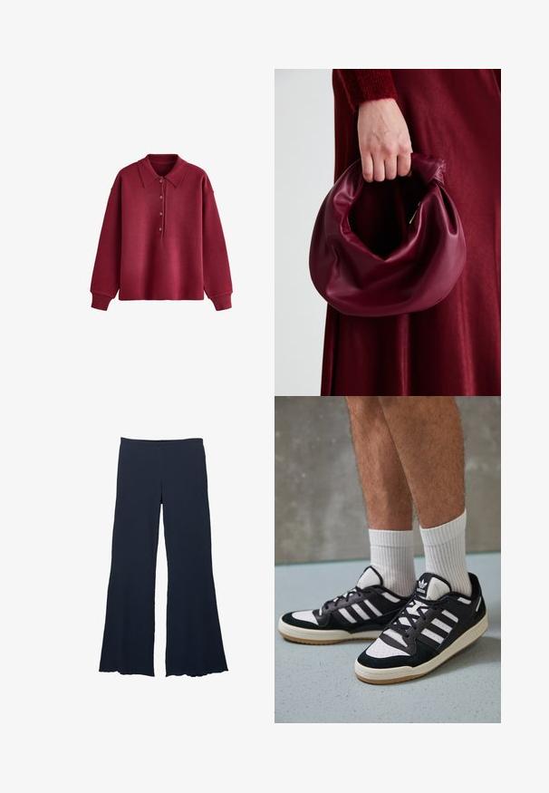 Bordowa, dzianinowa koszula polo z długim rękawem, z czterema guzikami i ściągaczami na białym tle.; Granatowe spodnie o szerokich nogawkach z teksturowanej tkaniny z wysokim stanem i rozkloszowanym dołem, charakteryzujące się gładką, zwiewną sylwetką.; Czarno-białe sneakersy z zamszową i skórzaną cholewką, z trzema białymi paskami, perforowanym czubkiem i gumową podeszwą w kolorze gumy.; Bordowa skórzana torebka o miękkim, marszczonym wyglądzie i zaokrąglonym kształcie. Uchwyt jest zabezpieczony, co podkreśla gładką fakturę.