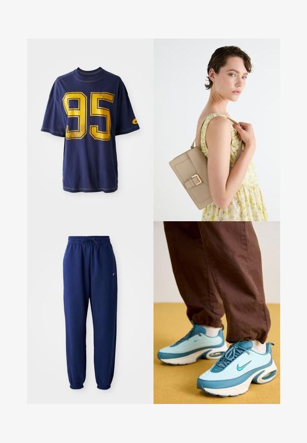 T-shirt oversized azul-marinho com grande "95" amarelo na frente e pequeno logotipo amarelo na manga esquerda.; Calças de fato de treino azul marinho feitas de um tecido suave, com uma cintura elástica com cordão, punhos elásticos e um pequeno logótipo branco.; Nike Sportswear AIR MAX PORTAL - Sapatilhas - smokey blue/dusty cactus/glacier blue/sail; Bolsa de mão de couro bege com um design estruturado, detalhe em fivela dourada e alça ajustável, apresentada contra um fundo claro.
