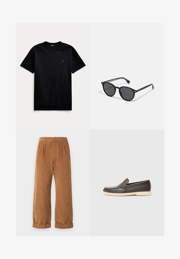 Svart bomull t-skjorte med korte ermer, rund hals og liten rød brodert logo på venstre bryst. Glatt tekstur, avslappet design.; Brune kordfløyelsbukser med vid ben design, med frontfolder og rullede hem. Stoffet har en teksturert, ribbet utseende.; Brune lær slip-on sko med en teksturert overflate og en kontrasterende lys beige såle, med en avrundet tå og minimale sømdetaljer.; BOSS Solbriller - black