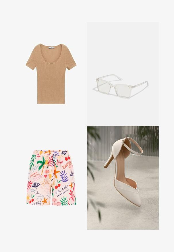 Tan rebrast top z kratkimi rokavi z okroglim izrezom in mehko teksturo, ki se ponaša s prilegnjenim dizajnom, ki poudarja obliko in konture.; Svetlo roza kopalne hlače z igrivim motivom, ki vključuje palme, dežnike, češnje in grafične elemente, povezane z dopustom, z vrvico za prilagajanje pasu.; Bele visoke petne čevlje iz gladkega materiala s koničastim nosom in gležnjenim trakom. Imajo svetlo tan notranjost in zlat ton dodatkov.; Prozorne kvadratne plastične očala s prozornimi lečami, ki imajo zlato dekoracijo na ročajih za dodaten pridih podrobnosti.; Bela usnjena torba s strukturirano zasnovo, opremljena z magnetnim zapiranjem in naramnico, prikazana na nevtralni ozadju.
