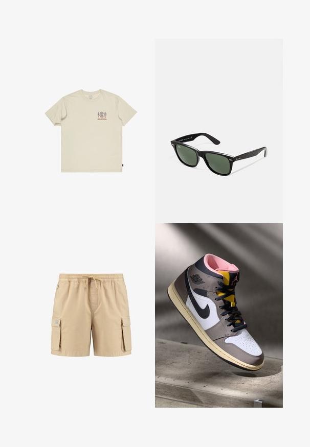 Bežinis medvilnės marškinėliai su mažu, daugiaspalviu grafinės piešiniu ant krūtinės. Apvalus kaklas ir trumpi rankovės. Laisvas fasonas su šonine etikete.; Šviesiai rudos spalvos cargo šortai su elastinga juosmens juosta, raišteliu ir dviem šoninėmis kišenėmis, turintys lygų paviršių ir minimaliai siuvinėti detalių.; Balti Nike Air Jordan aukšti sportbačiai balta, pilka ir juoda spalva su rožine vidine dalimi ir geltonu liežuvėliu, padėti ant betono paviršiaus.; Juodi plastikiniai saulės akiniai su žaliais objektyvais, kvadratiniais rėmeliais, sidabriniu akcentu ant antakio ir tekstūruotais šventyklų šakutėmis. Vidinėje šakutėje nurodyta prekės ženklo pavadinimas.