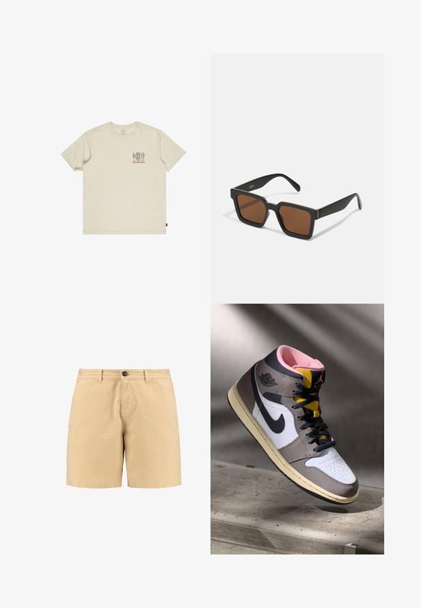 Beiges kokvilnas T-krekls ar mazu, daudzkrāsainu grafiku uz krūšu daļas. Apļveida kakla izgriezums un īsas piedurknes. Brīva piegriezuma ar sānu etiķeti.; Beige kokvilnas šorti ar pogu aizdari, priekšējām kabatām un jostu cilpām. Vienkāršs dizains ar taisnu griezumu un gludu tekstūru.; Augstās Nike Air Jordan kedas baltā, pelēkā un melnā krāsā ar rozā iekšpusi un dzelteno mēli, novietotas uz betona virsmas.; Melni kvadrātveida saulesbrilles ar brūniem lēcām, ar matētu apdari un zelta akcentiem uz rāmja. Dizains ir leņķisks ar plats rokām.