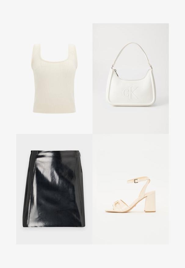Pletený bezrukávový top v off-white farbe, s obdĺžnikovým výstrihom a textúrovaným vzorom. Jemne ryhovaný lem a široké ramenné popruhy.; Čierna kožená mini sukňa s vysokým leskom. Obsahuje viditeľné detaily šitia a priliehavý strih. Hladká textura po celom povrchu.; Béžové lakované sandále so štvorcovou špičkou, s dvoma prednými pruhmi, členkovým popruhom s prackou a blokovým opätkom.; Biela kožená kabelka s zakriveným tvarom, na prednej strane s embosovaným logom "CK" a jedným ramenným popruhom. Zipsové zapínanie navrchu.