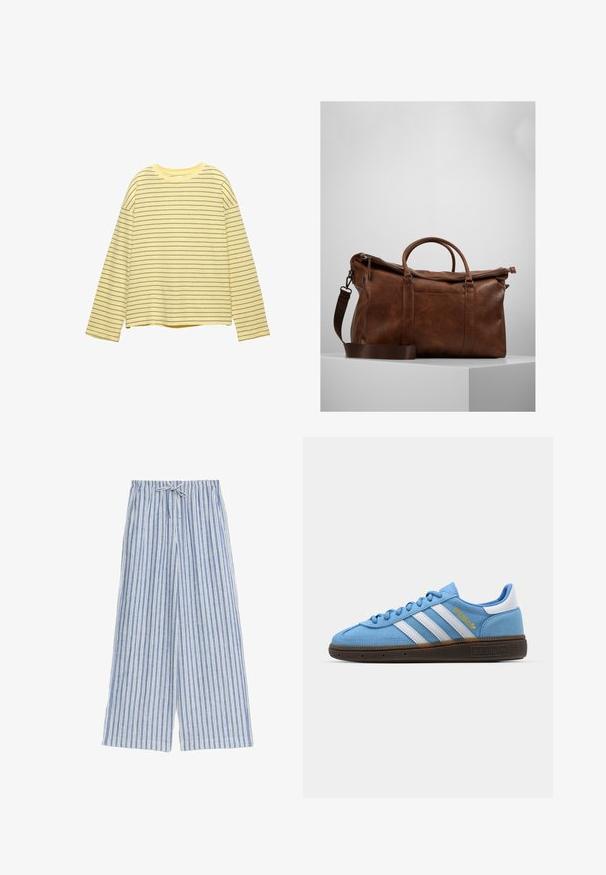 Dlouhý rukáv žlutý top s horizontálními tmavě šedými pruhy, kulatým výstřihem a volným střihem. Vyrobeno z měkké, lehké tkaniny.; Modré a bílé pruhované široké kalhoty s páskem na šňůrku, vyrobené z lehkého materiálu, s vertikálními pruhy a uvolněným střihem.; Světle modré semišové tenisky s bílými koženými pruhy, hnědou texturovanou podrážkou a zlatým logem. Nízký design s zaoblenou špičkou.; Hnědá kožená cestovní taška s uzávěrem na zip, dvojitými uchy, nastavitelným ramenním popruhem a viditelnými textura vzory na povrchu.