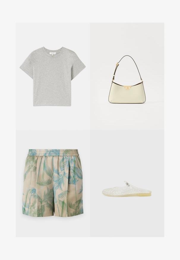 Camiseta de manga corta gris, hecha de algodón suave. Cuello redondo con un ajuste holgado y sin patrones ni acentos visibles. Etiqueta en el interior.; Shorts de tela ligera con un fondo beige que presenta patrones de hojas de palma en azul y verde, cinturilla elástica y diseño plisado.; Zapato transparente de plástico tipo zueco con un patrón de cuadrícula, puntera redondeada y un pequeño acento plateado en la correa. Suela flexible en color translúcido.; Bolso de cuero en crema con forma curvada. Presenta un acento de logo en tono dorado y una correa delgada y ajustable de color oscuro.