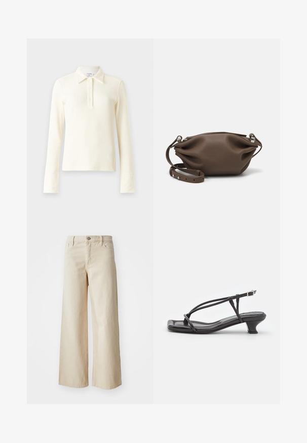 Cream ribbed long-sleeve polo shirt with a collar and three-button placket. Features fitted cuffs and a soft, textured fabric.; Beige wide-leg jeans made of denim, featuring a high waist, button closure, belt loops, and side pockets. Smooth texture and relaxed fit.; Black leather sandal with thin straps, low block heel, and square toe. Features a buckle closure and smooth texture.; Brown leather handbag with a soft, structured design, featuring a top zipper closure and an adjustable strap with silver hardware accents.