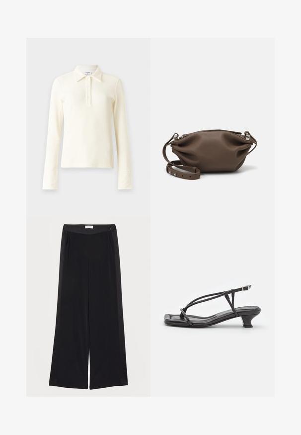 Crème geribbelde polo met lange mouwen, voorzien van een kraag en een drieknoopssluiting. Heeft aangesloten manchetten en een zachte, gestructureerde stof.; Zwarte bredere instapbroek van gladde stof, met een vlakke tailleband, plooien en zijzakken. Strakke lijnen met minimale details.; Zwarte leren sandaal met dunne banden, lage blokhak en vierkante neus. Heeft een gespsluiting en een zachte textuur.; Bruine leren handtas met een zachte, gestructureerde uitstraling, voorzien van een sluiting met rits aan de bovenkant en een verstelbare schouderband met zilveren hardware accenten.; Zilveren pareloorbellen met een gebogen, boonvorm. Glad, glanzend oppervlak en bevestigd met een post en achterkantsluiting.